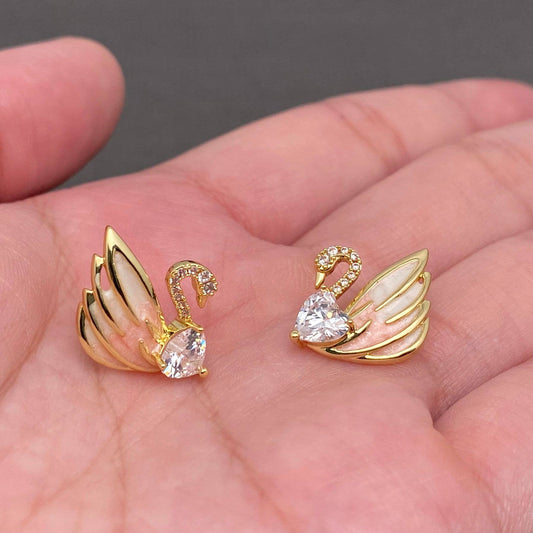 Heart Zircon 14K Gold Plated Enamel Swan Earrings