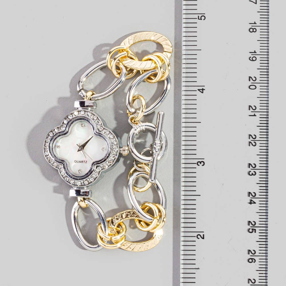 Cz Clover Two Tone Toggle Chain Bracelet: GOLDSILVER