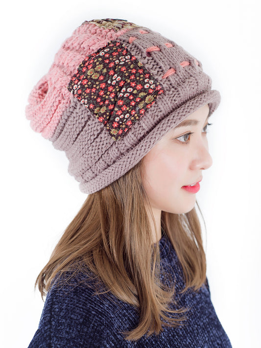 Reversible Handcrafted Patchwork Knit Hat with Plush Lining: Pink