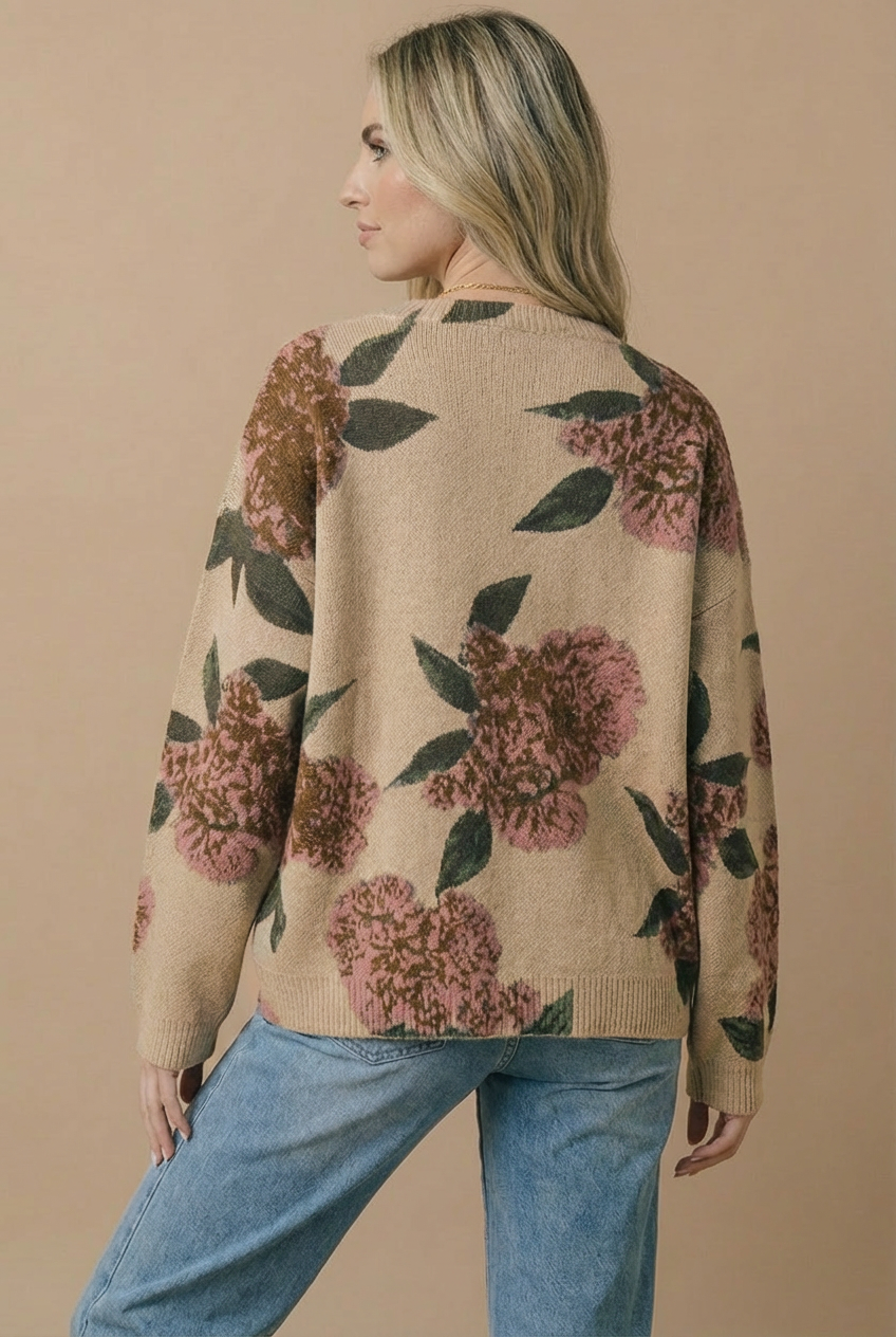 Round Neck Floral Knit Oversized Fit Sweater: TAUPE / S