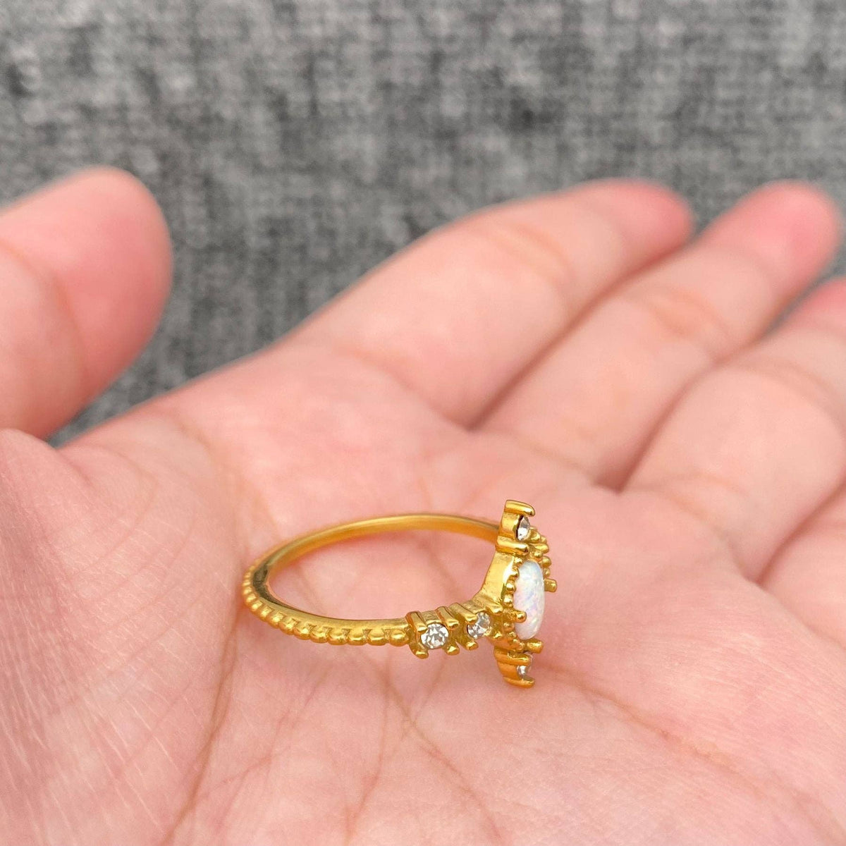 Inlaid CZ & Opal 18K Gold Plated Stainless Steel Ring-FGS/CS: 7