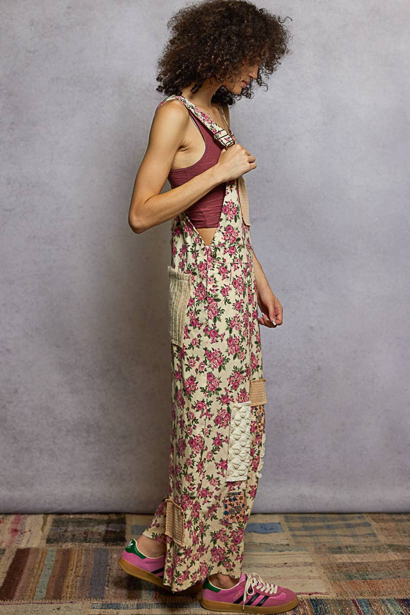 Printed corduroy varied patchwork overalls