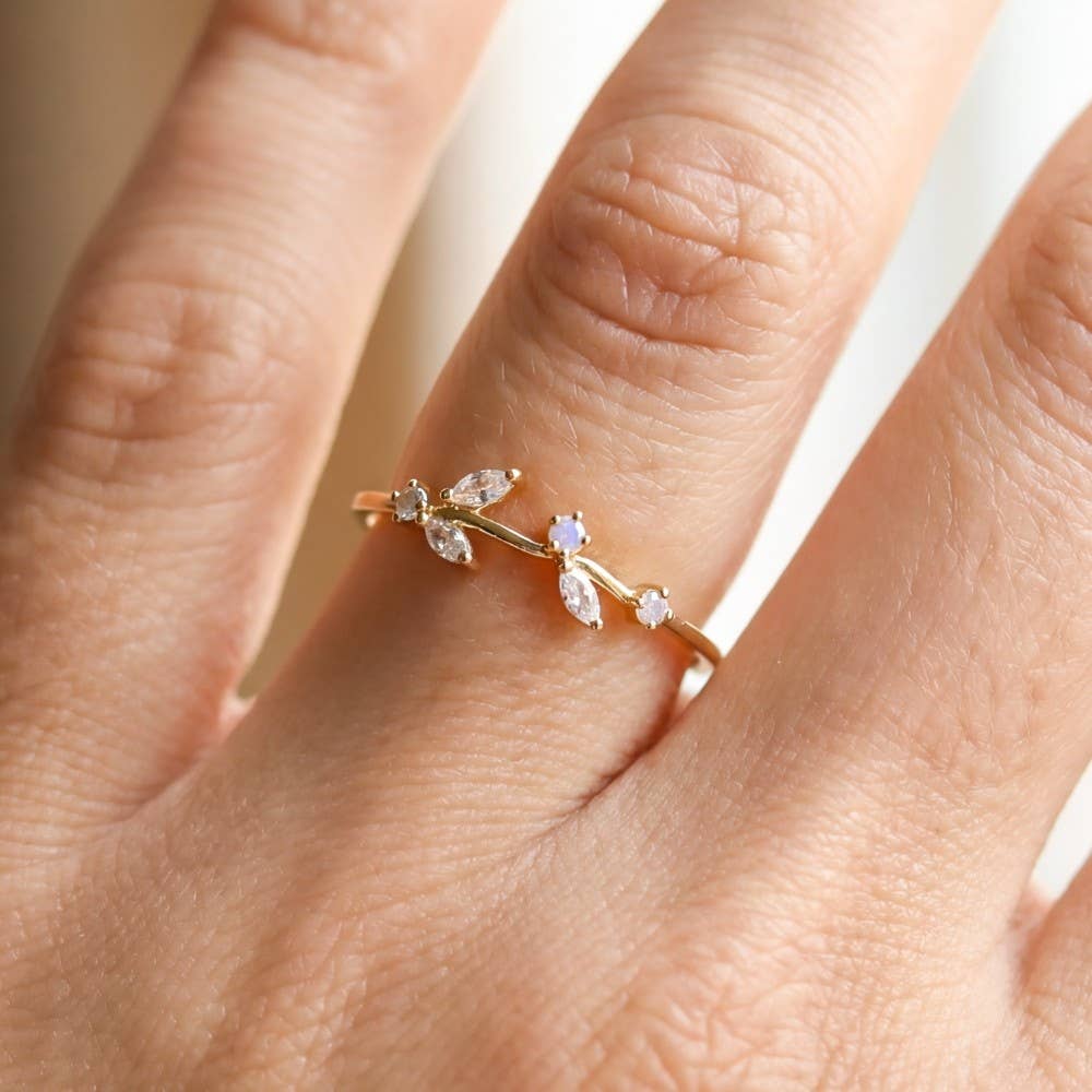 Gold Dipped Cz Delicate Leaf Ring: G