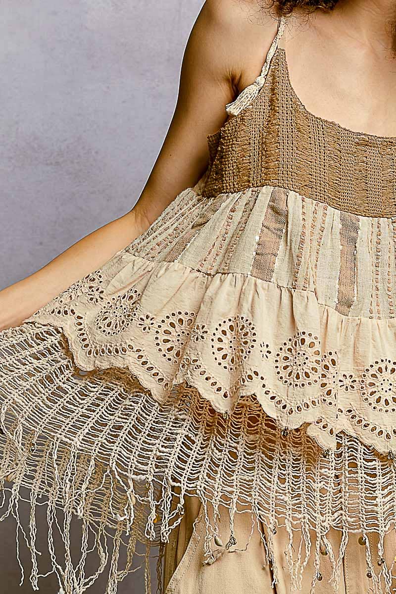 Square Neck Sleeveless Crochet Patch Plaid Eyelet Cotton Top