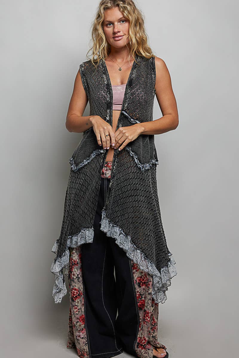 Solid Ruffle Vintage Washed Crochet Vest