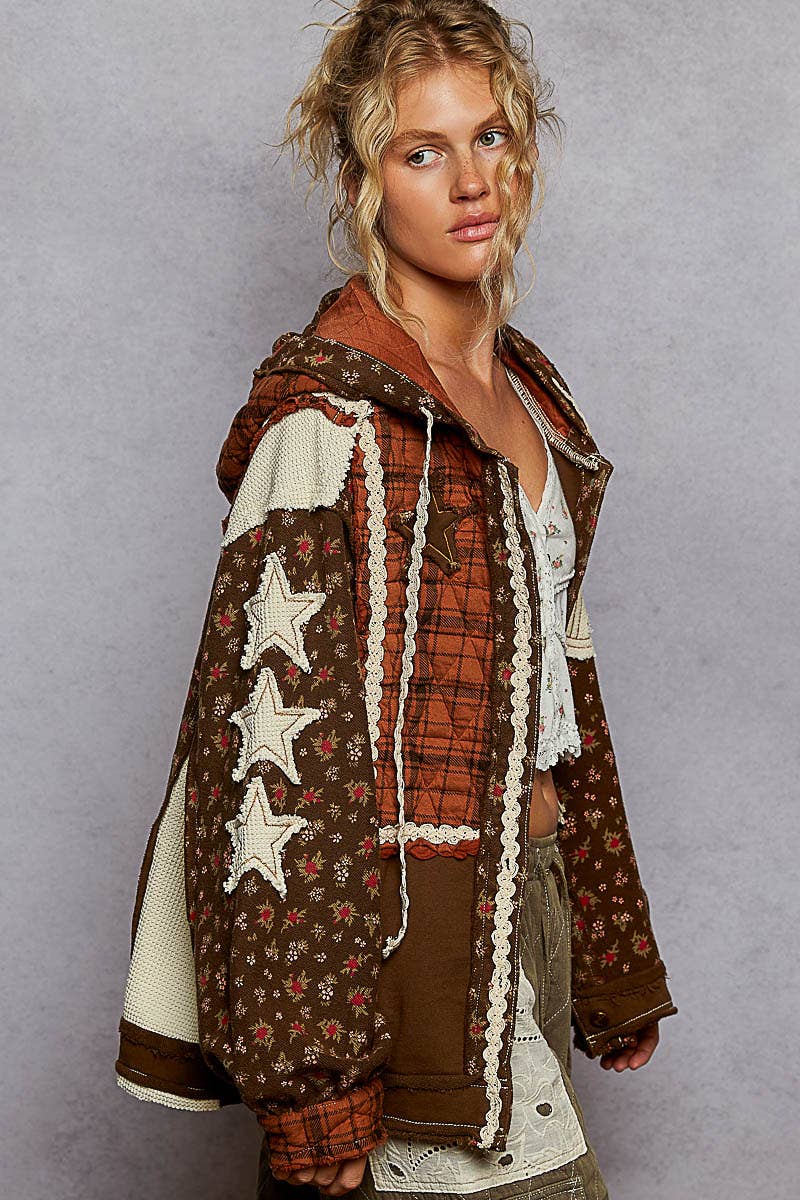 Long sleeve printed patch detail trim knit hooded jacket