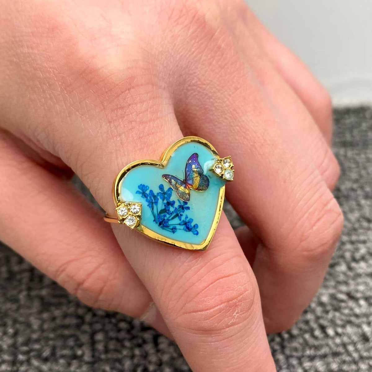 Blue Butterfly Dried Flower 18K Golden SS Ring - FGS/PDF: Style - B