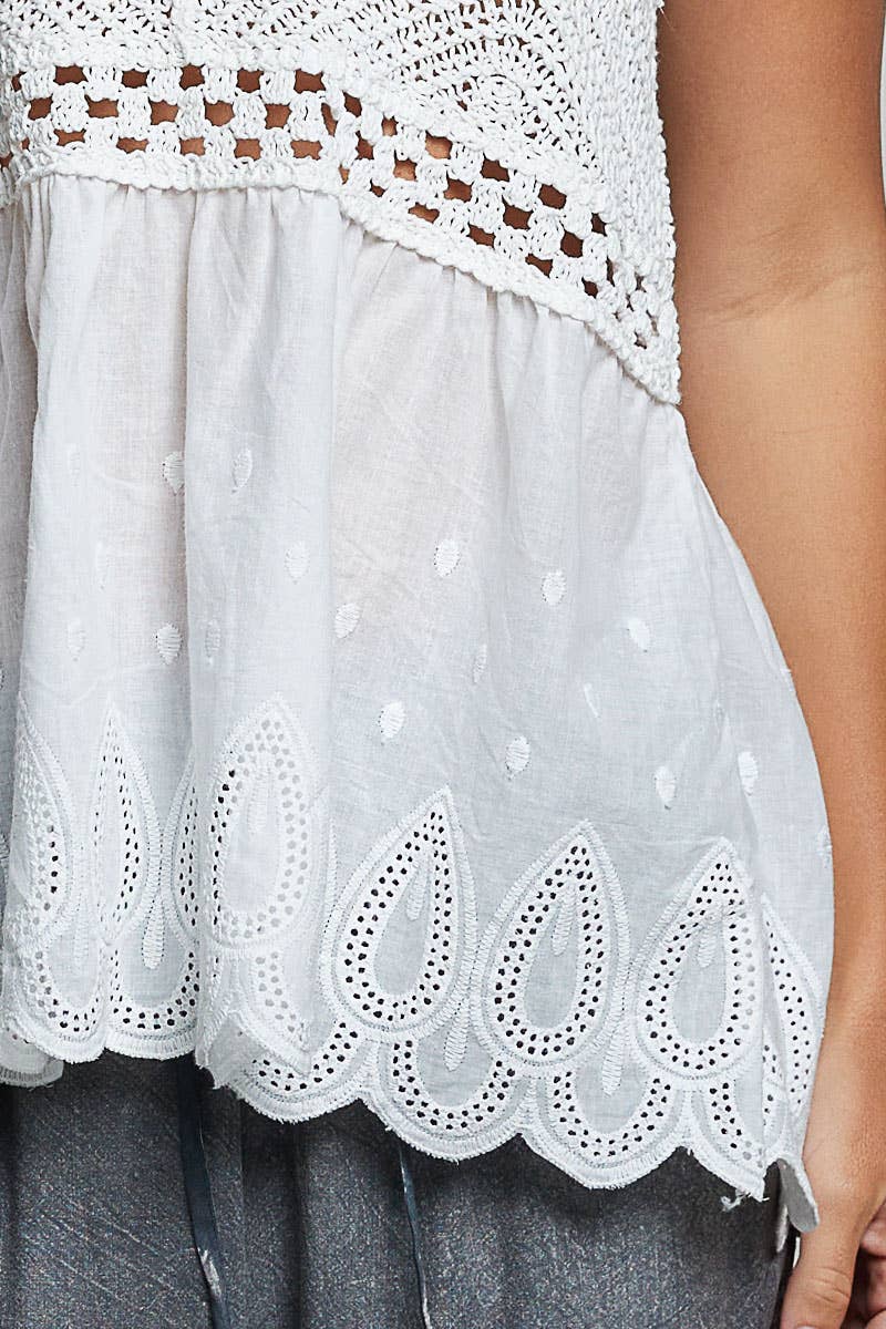 Round Neck Sleeveless Eyelet Ruffle Embroidered Crochet Top: NATURAL / Os