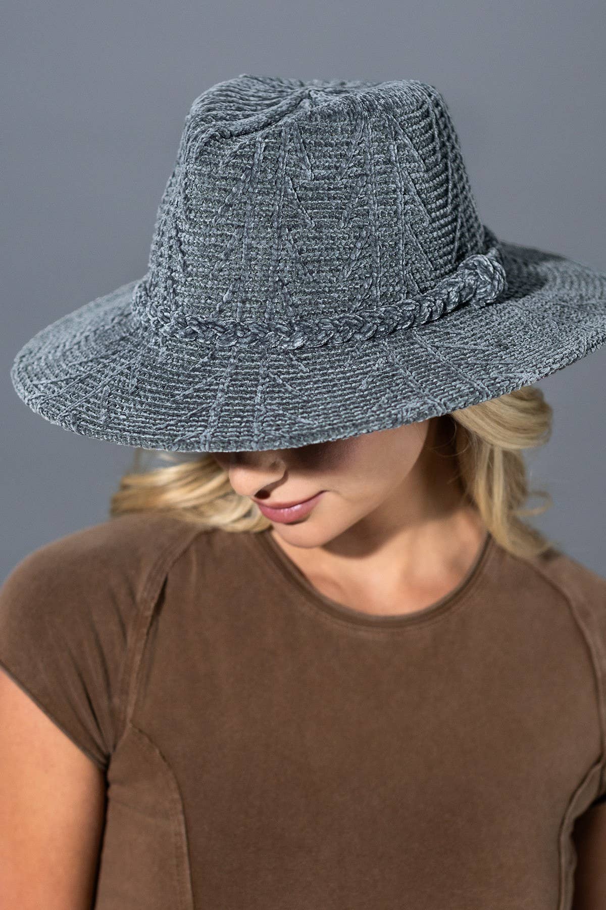 Chenille Pattern Fedora With Breaded Band : DENIM(DM)