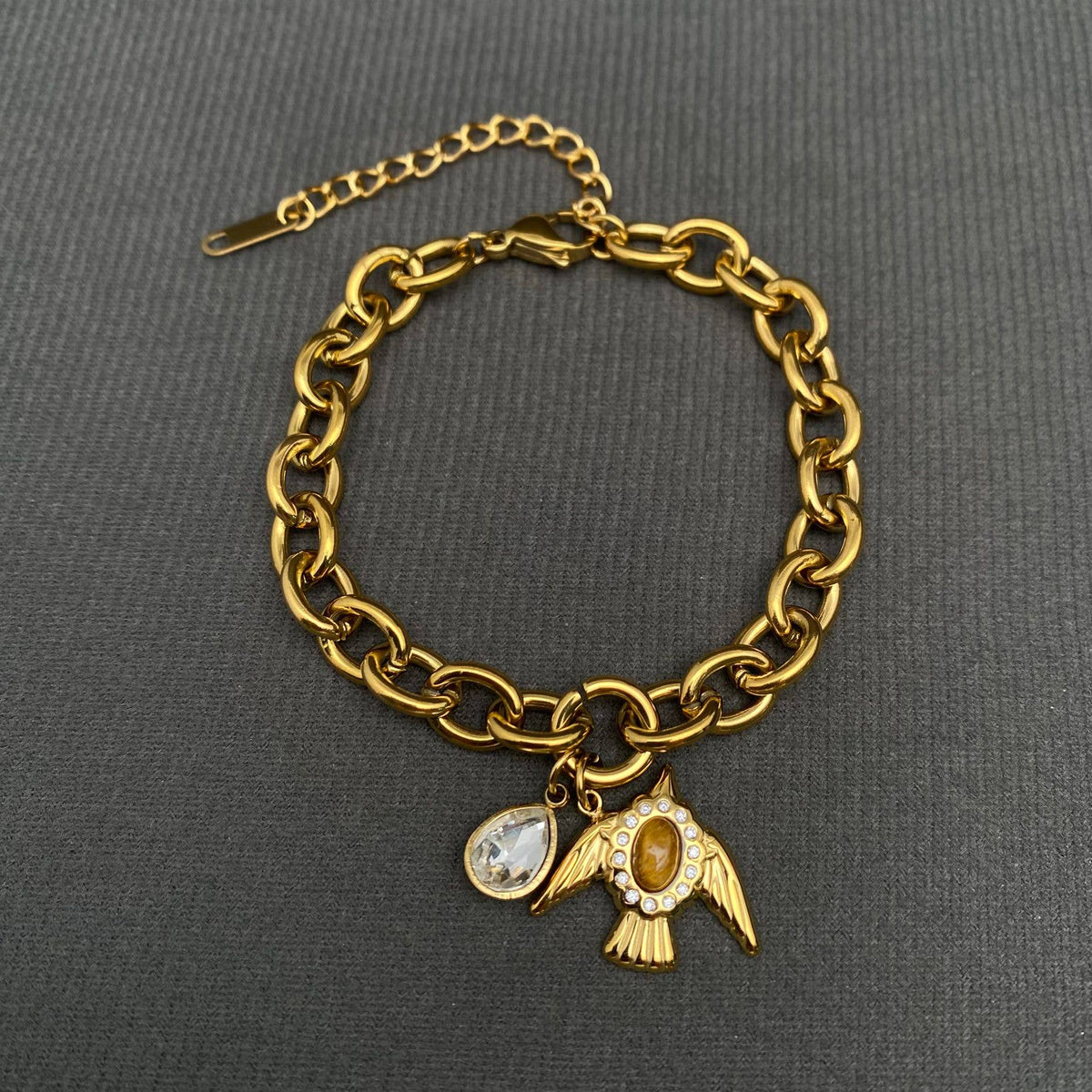 Stone & Zrcon Inlaid Bird Charm 18K Golden SS Bracelet - FGS
