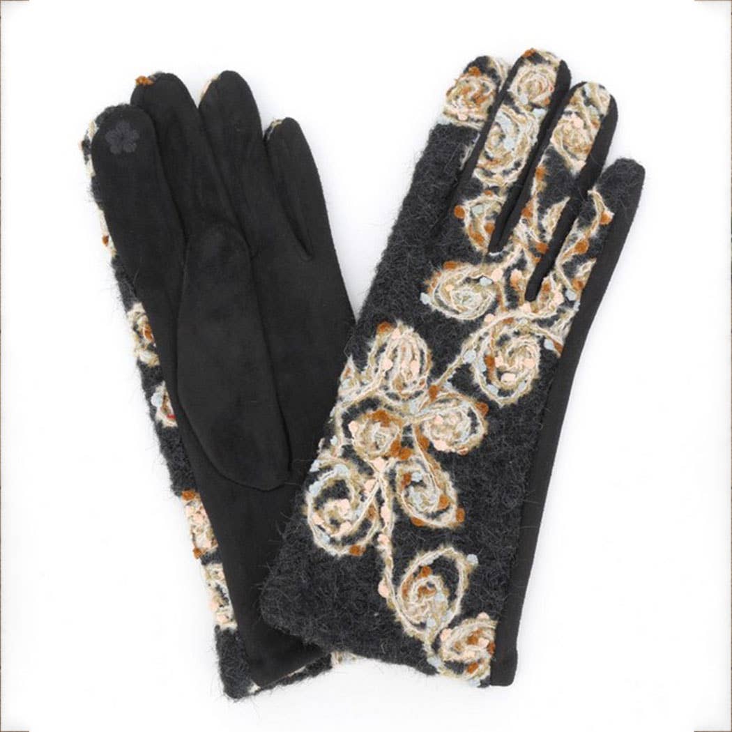 Floral Embroidered Touchscreen Gloves: BK