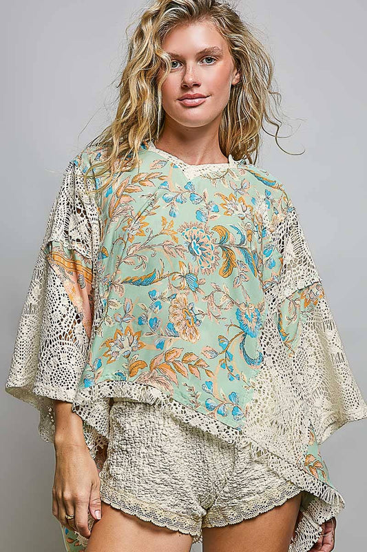 Boho Floral Crochet Patch stitch detail Hoodie Top