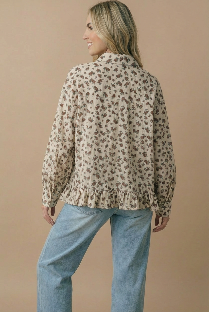Collared Floral Peplum Hem Babydoll Shirt: OATMEAL / S