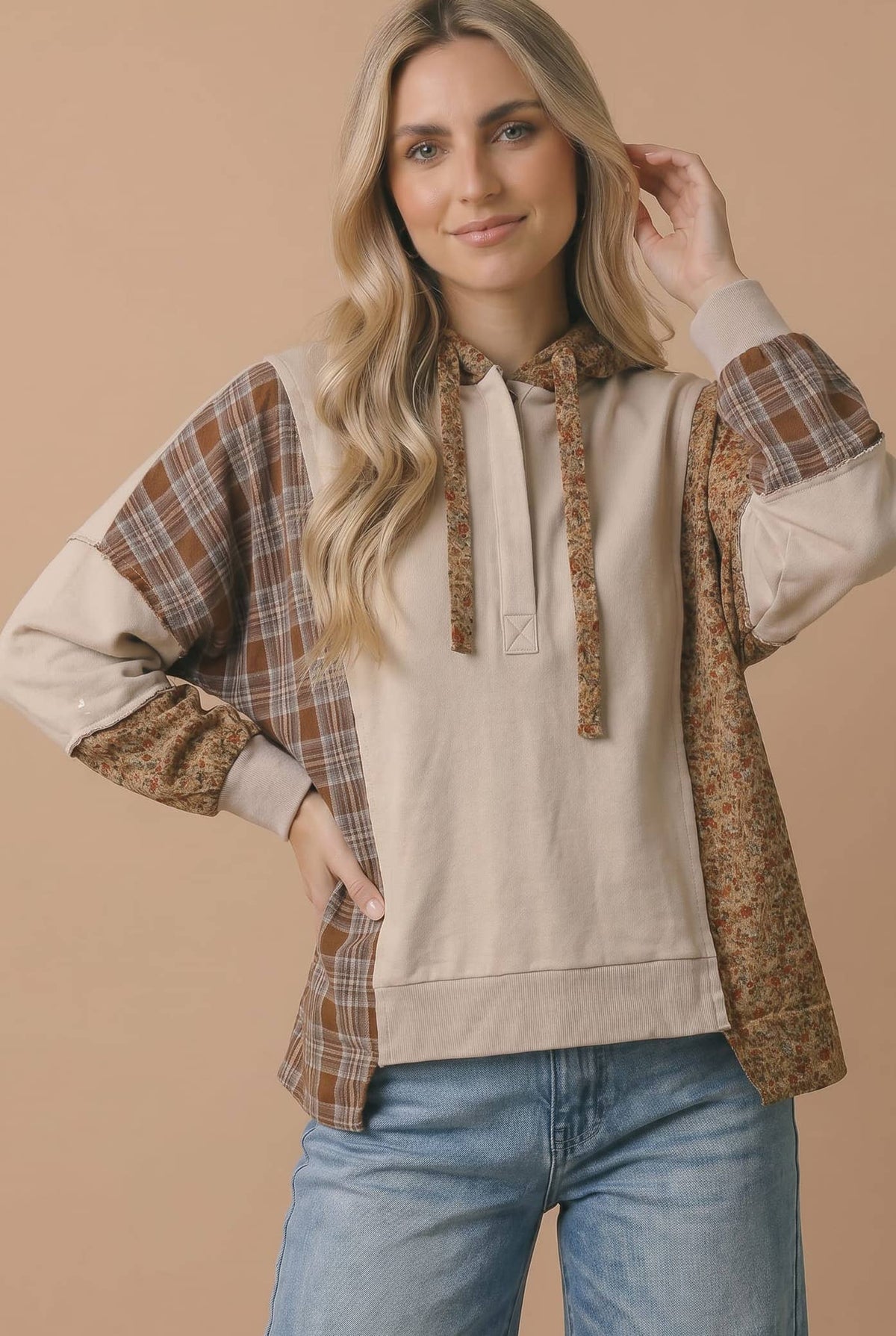 Plaid Floral Color Block Hoodie
