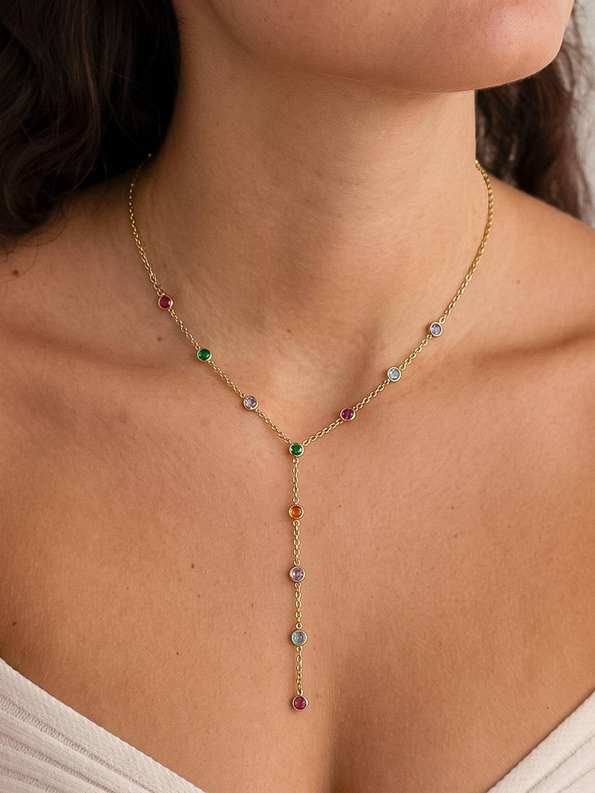 Chenôve 18K Gold Non-Tarnish Round Beaded Y Necklace: Multi-Colored