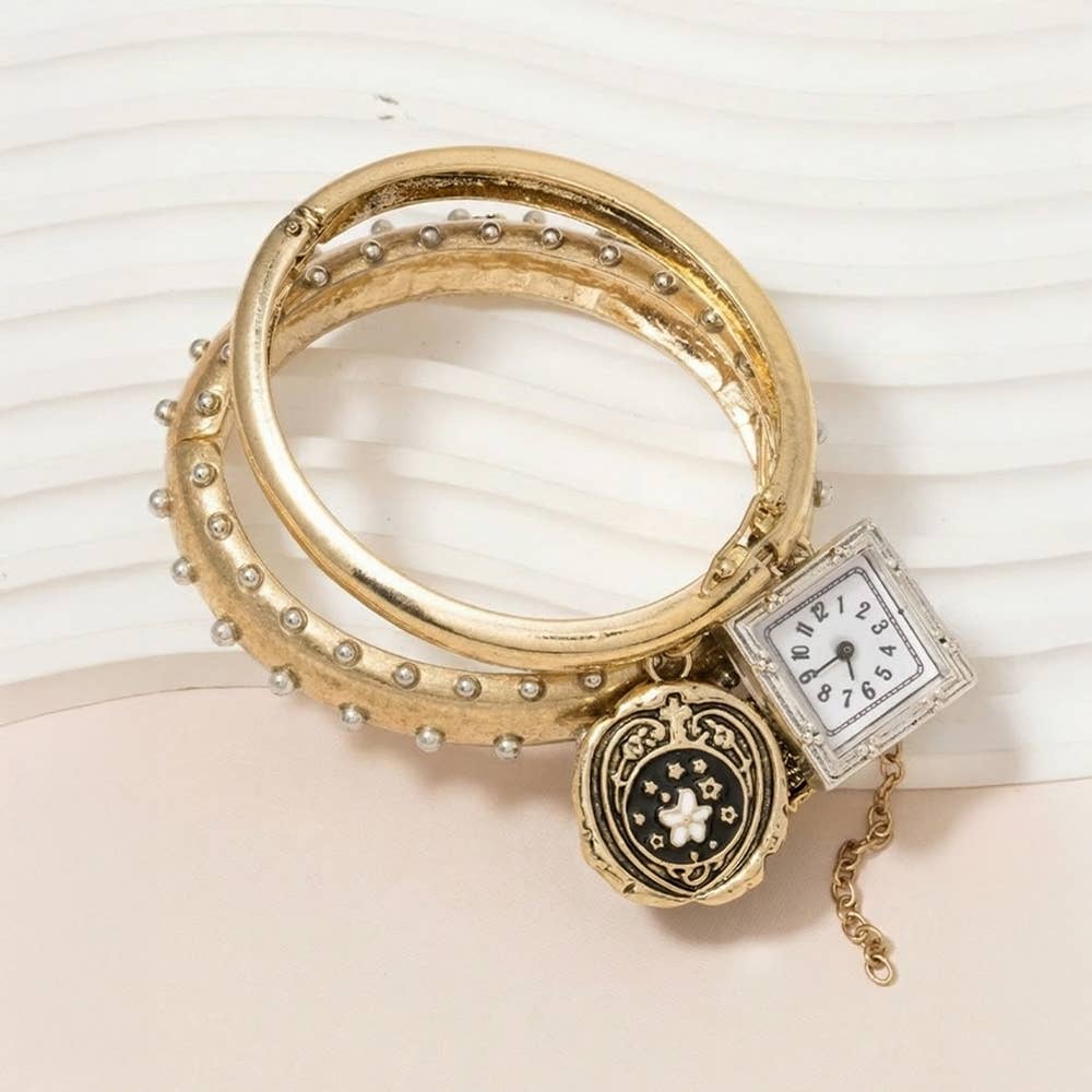 Three Piece Bangle With Charms And Watch Bracelet: GOLD