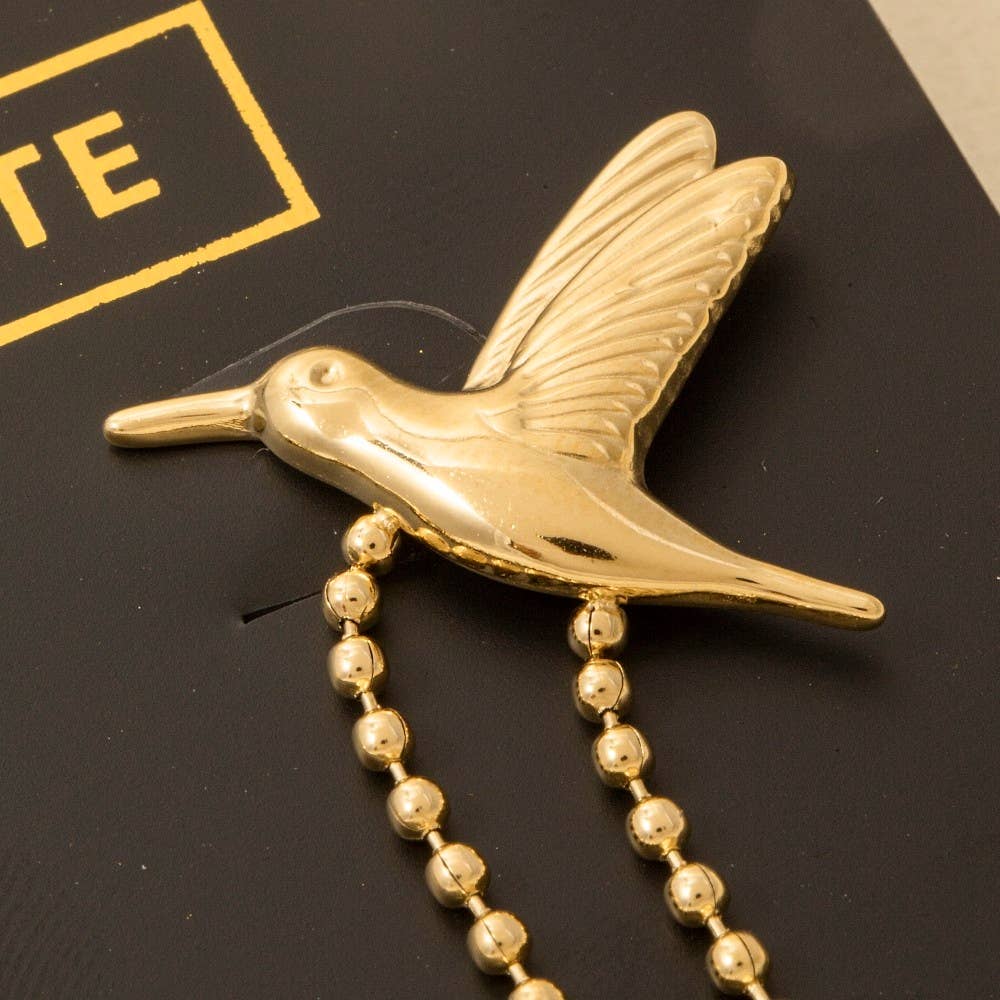 Gold Dipped Humming Bird And Chain Stud Dangle Earrings: GOLD