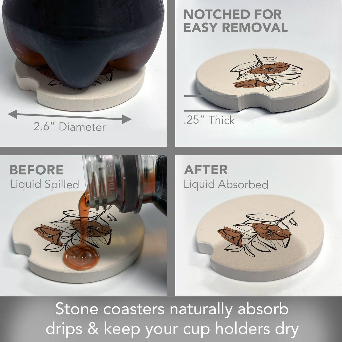 "Mocha Flower" Absorbent Stone Car Coaster 1pk