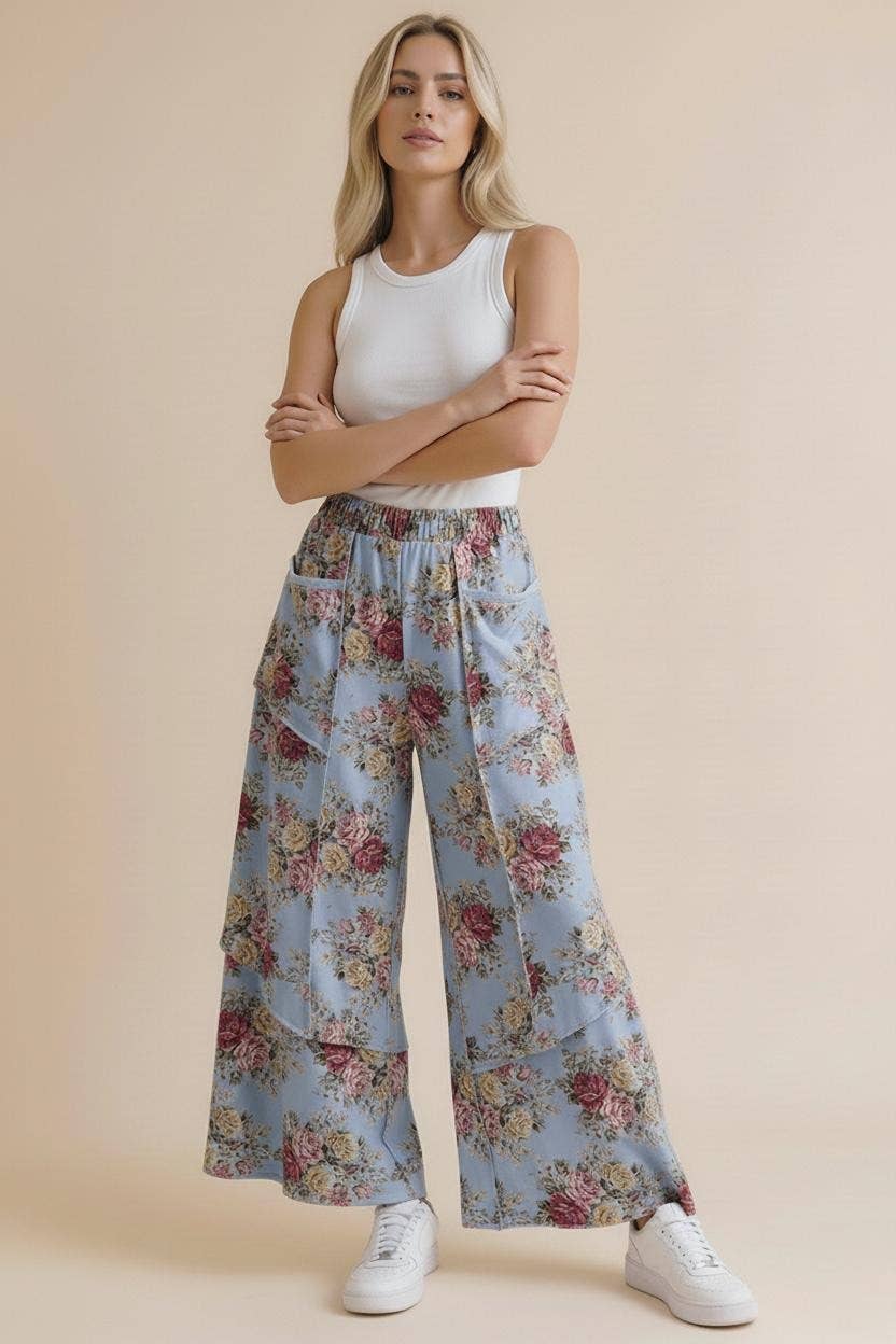 Elastic Waist Wide Leg Vintage Floral Pant: Oatmeal / M