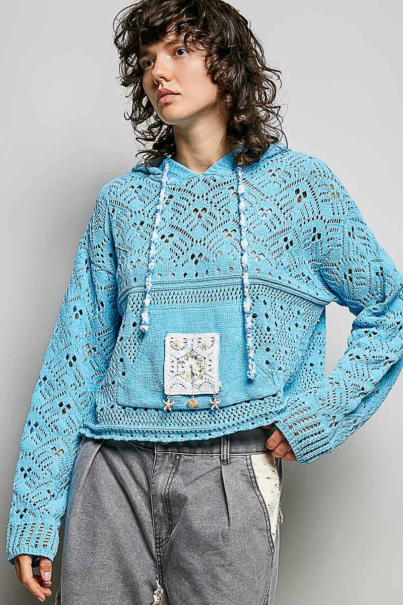 Chenille Crochet Lightweight Pullover Hoodie Sweater: NATURAL / L