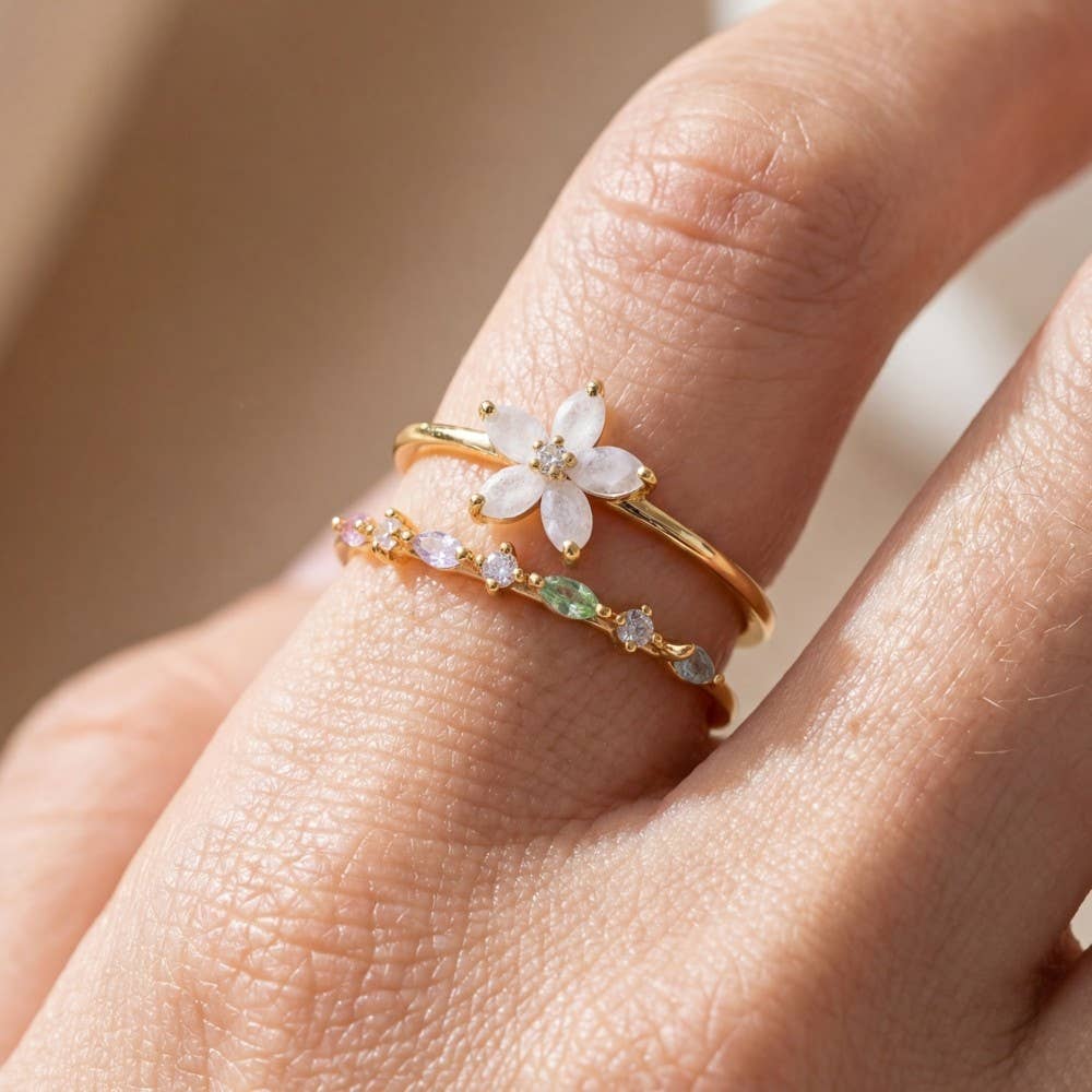 Gold Dipped Cz Flower Studded Two Row Ring: G