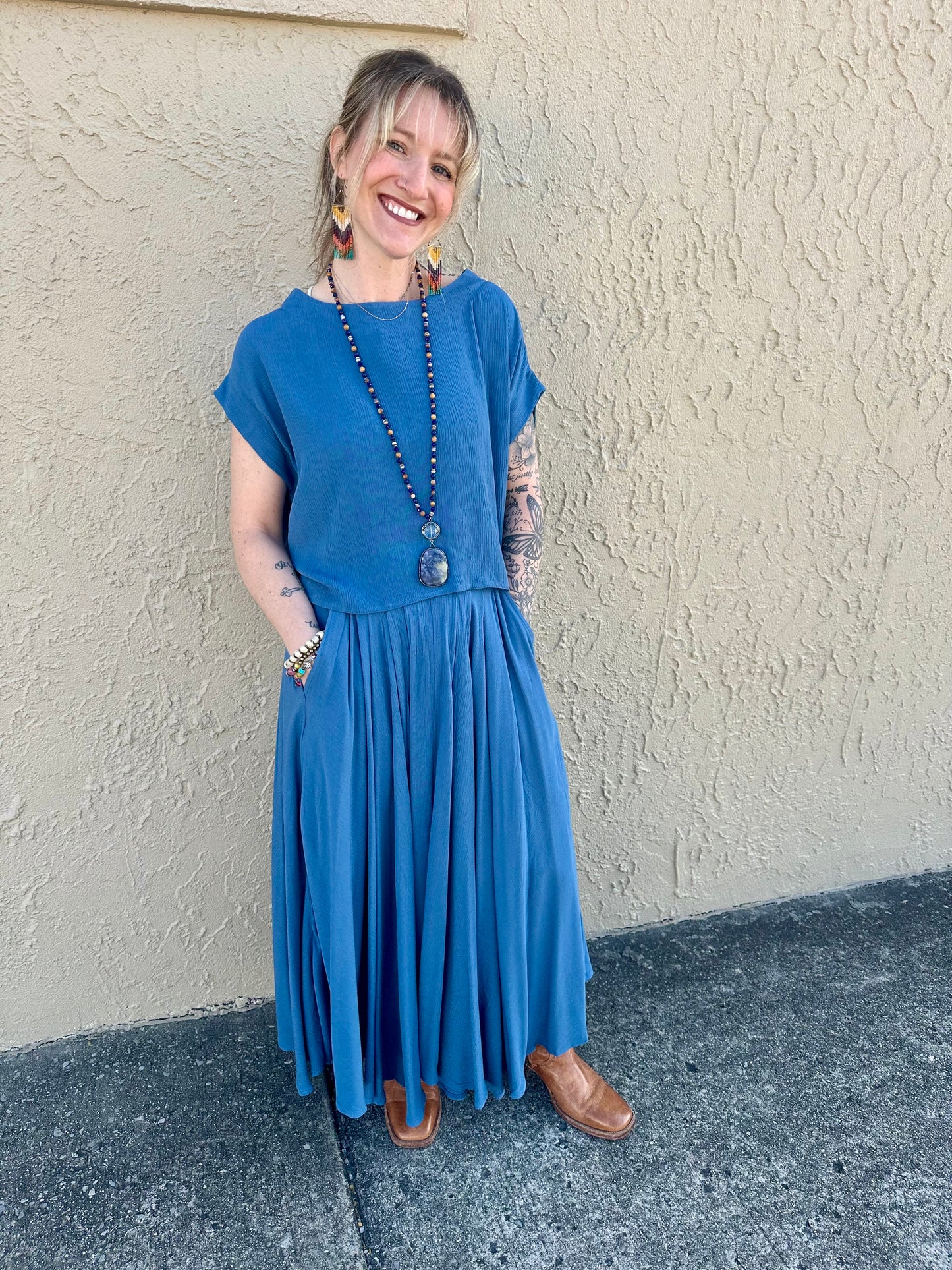 Woven Crinkle Gauze Crop Tee & Skirt Set