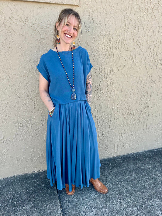 Woven Crinkle Gauze Crop Tee & Skirt Set