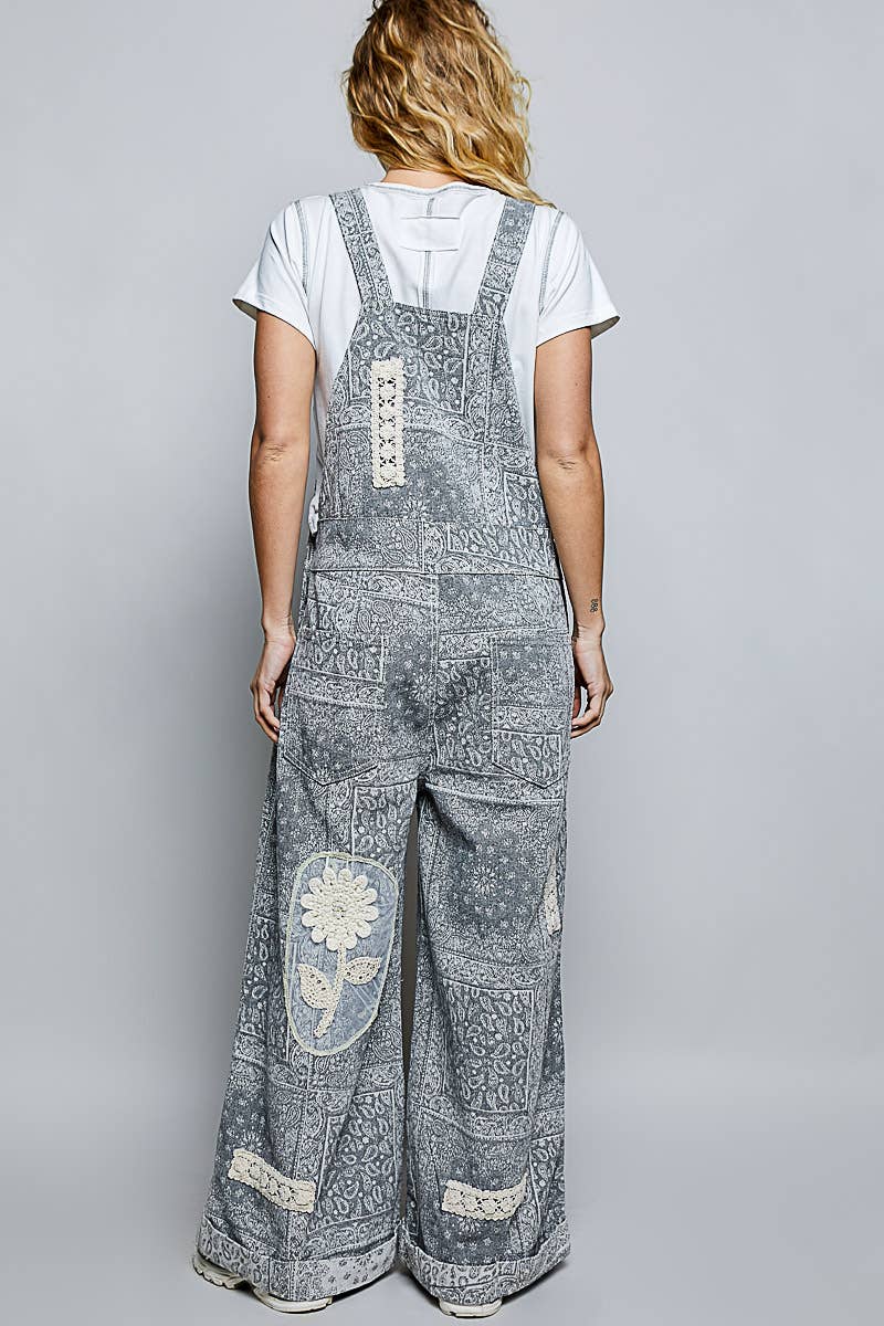 Floral Crochet Pearl Patch Roomy Fit Twill Overalls: FLORAL MULTI / M