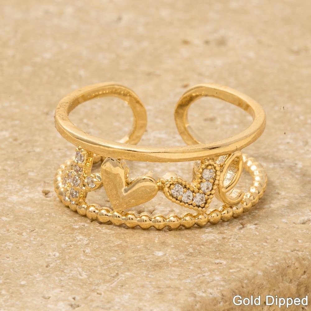 Gold Dipped Cz Pave Love Heart Open Band Ring: G