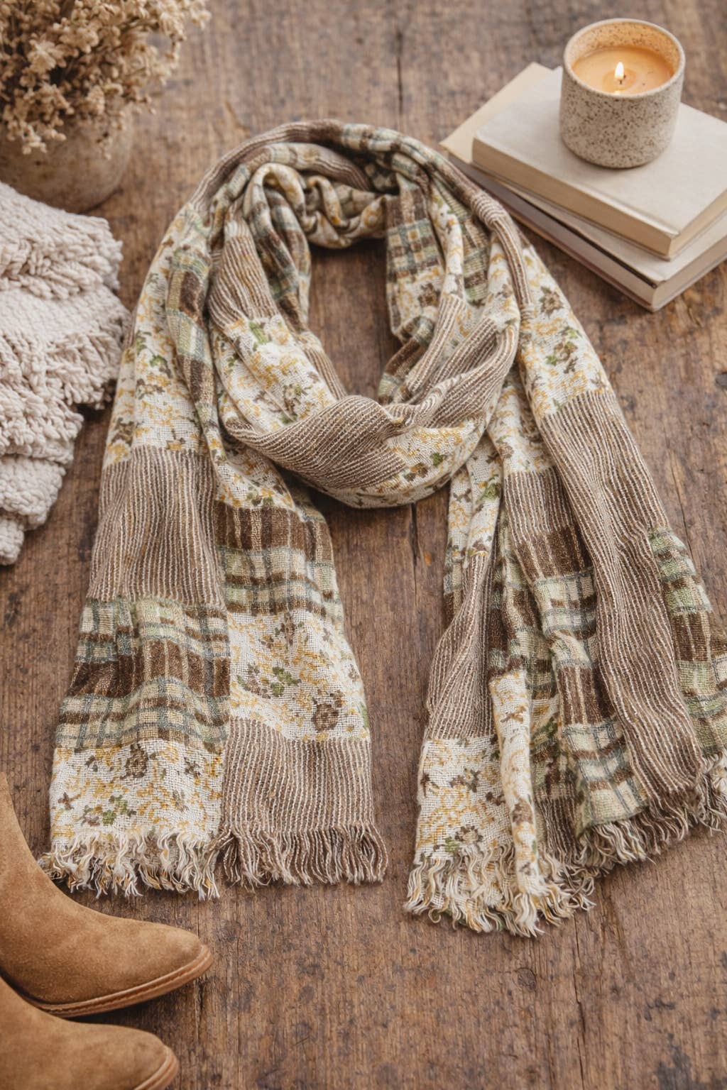 JC022516 Vintage Patchwork Floral & Plaid Scarf Shawl – Soft Lightweight Boho Wrap Cashmere-Blend Scarf: Red