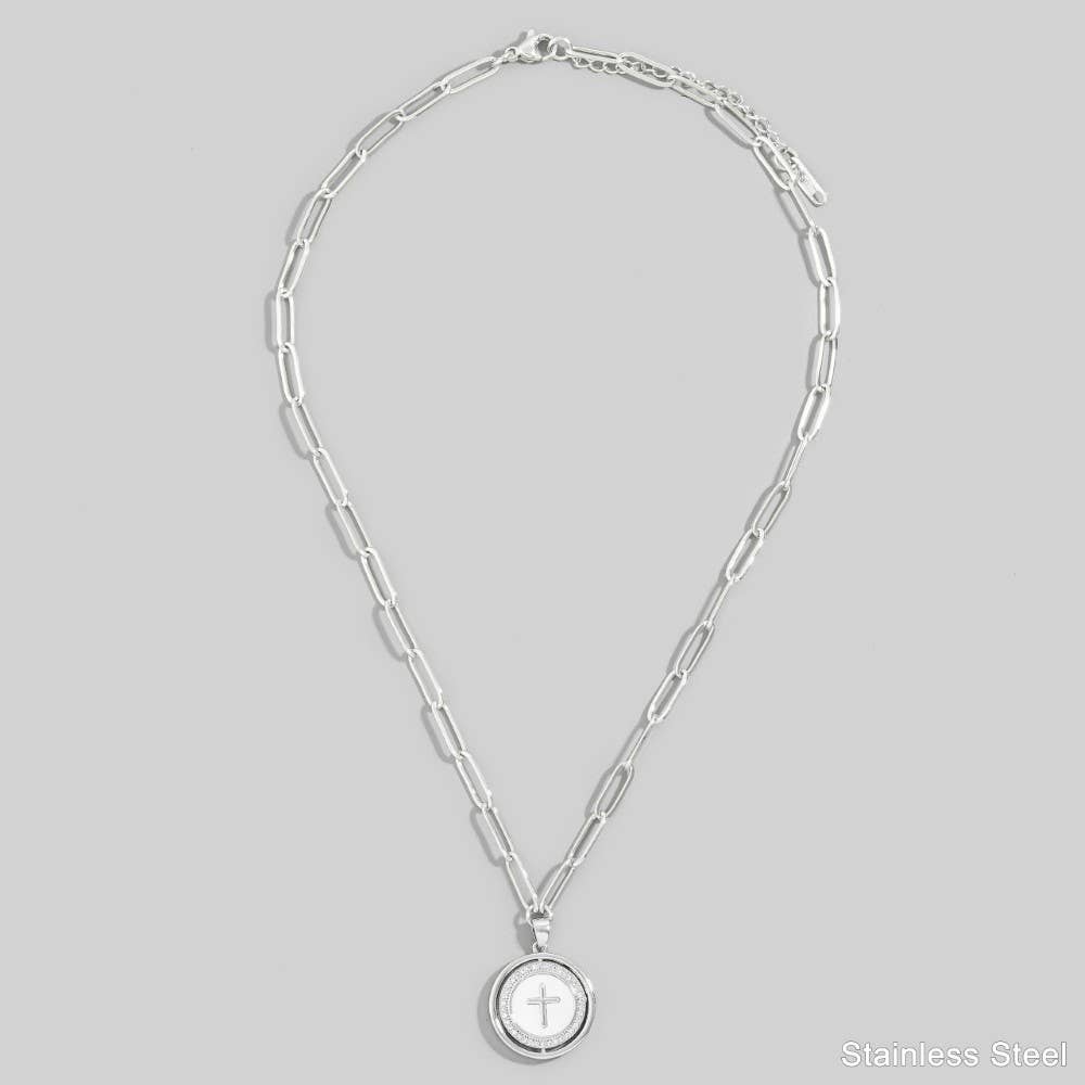 Stainless Steel Cross Disc Pendant Necklace: