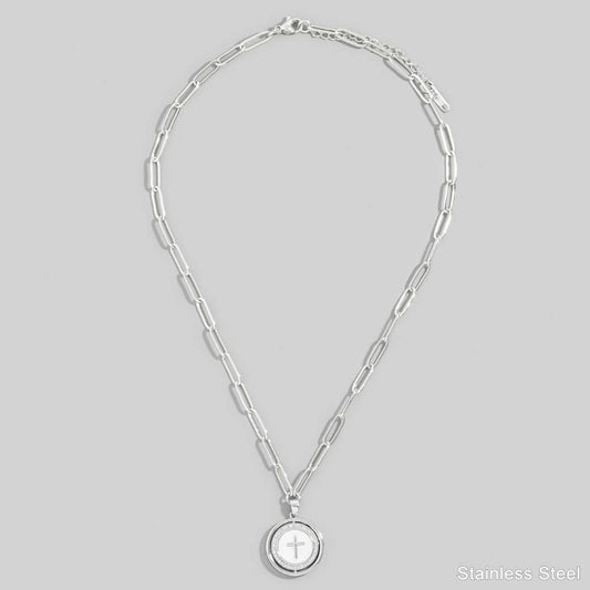 Stainless Steel Cross Disc Pendant Necklace: