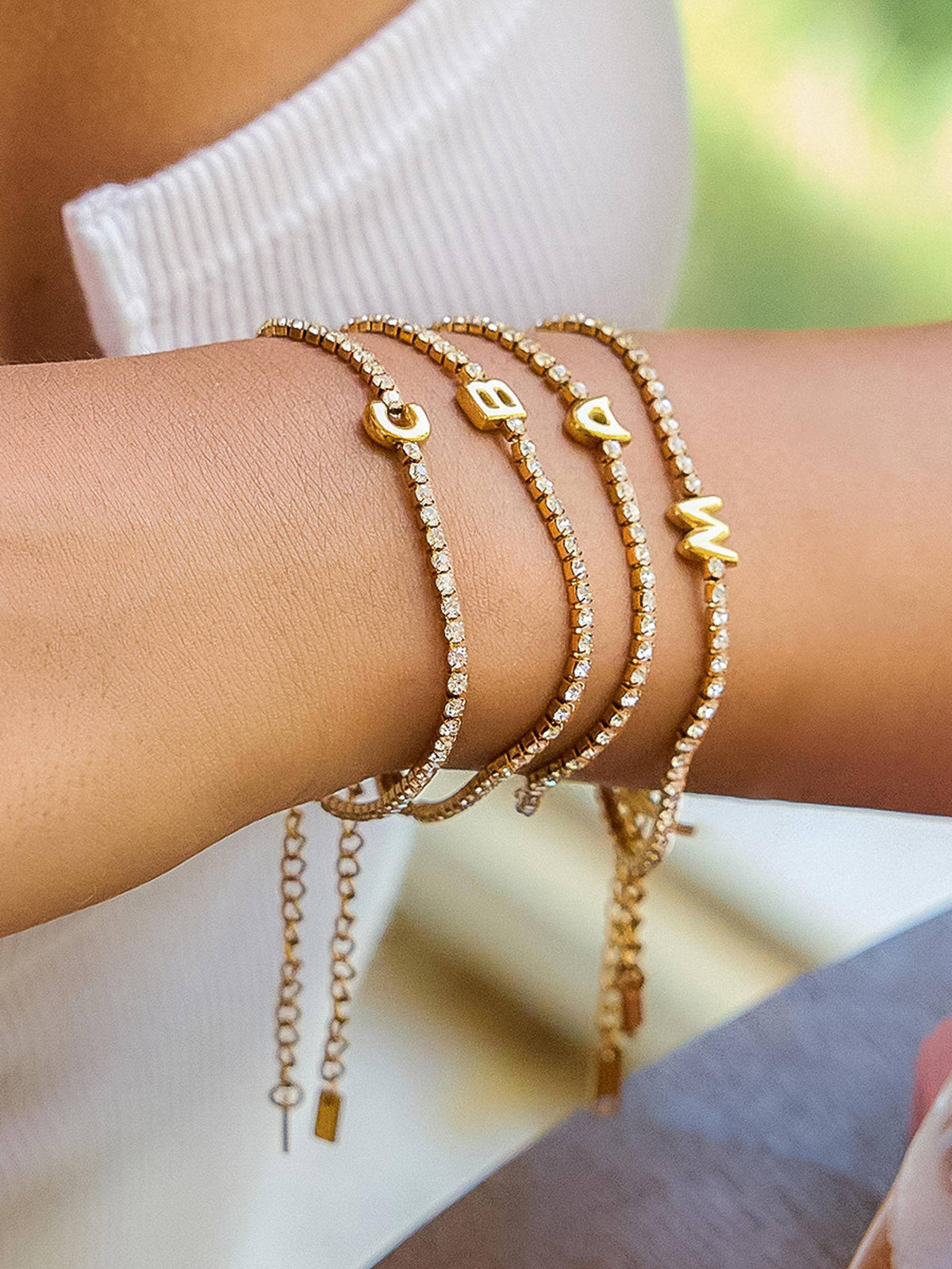 Chaplin 18K Gold Non-Tarnish Rhinestone Letter Bracelet: Yellow Gold / A
