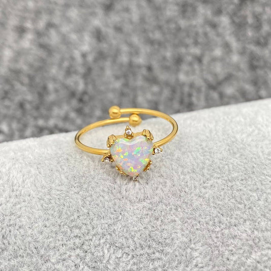 Lucky Opal 18K Gold Plated SS Adjustable Ring - FGS/CS: White Heart
