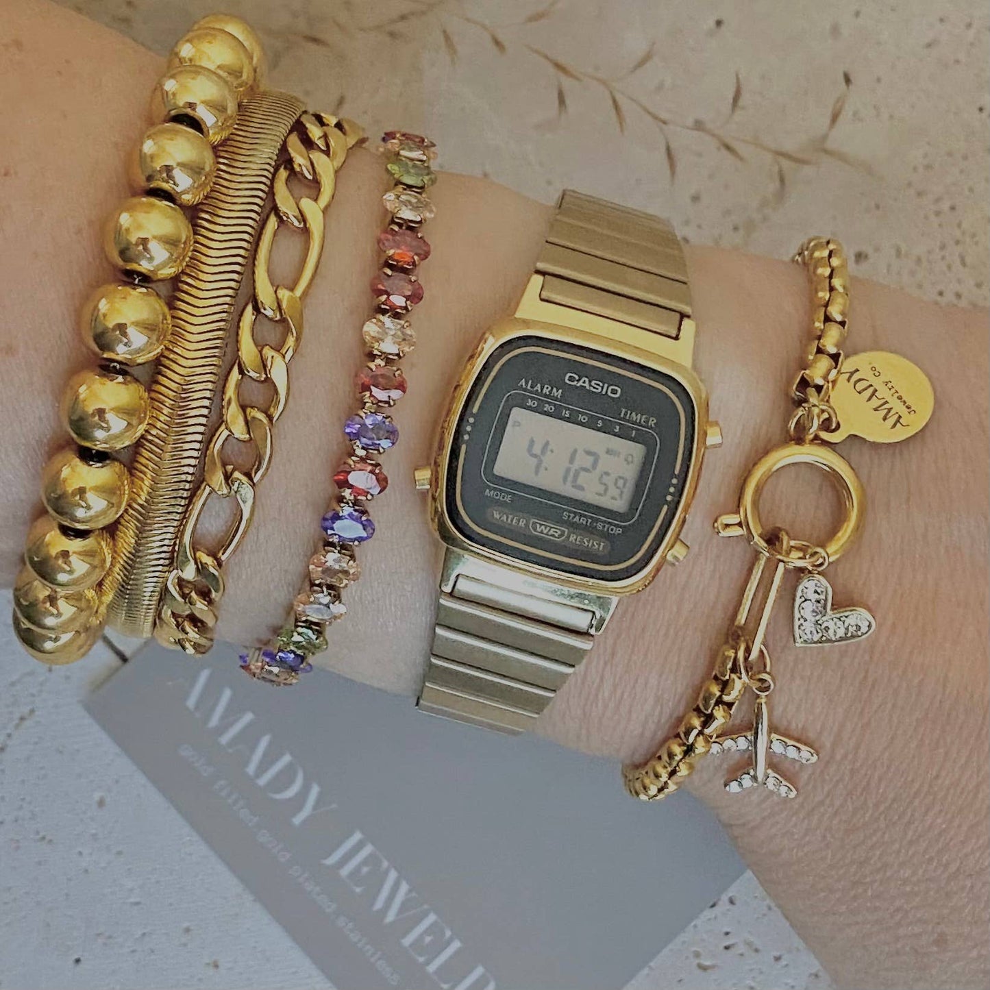 Figaro curb chain layering bracelet 18k gold plated 