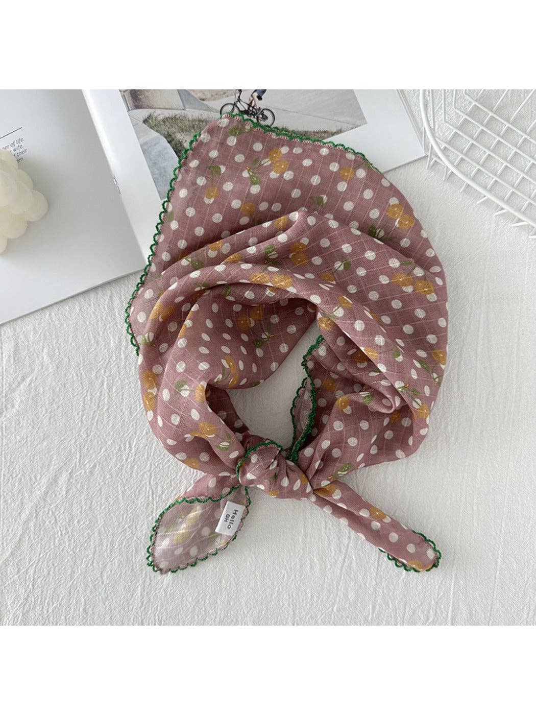 Scarvii - Vintage Cherry Pattern Polka Dot Neck Scarf: Pink