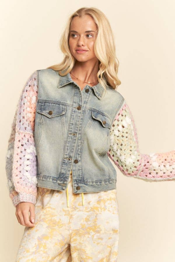 FUZZY FLOWER CROCHET PATCHWORK FRONT JACKET