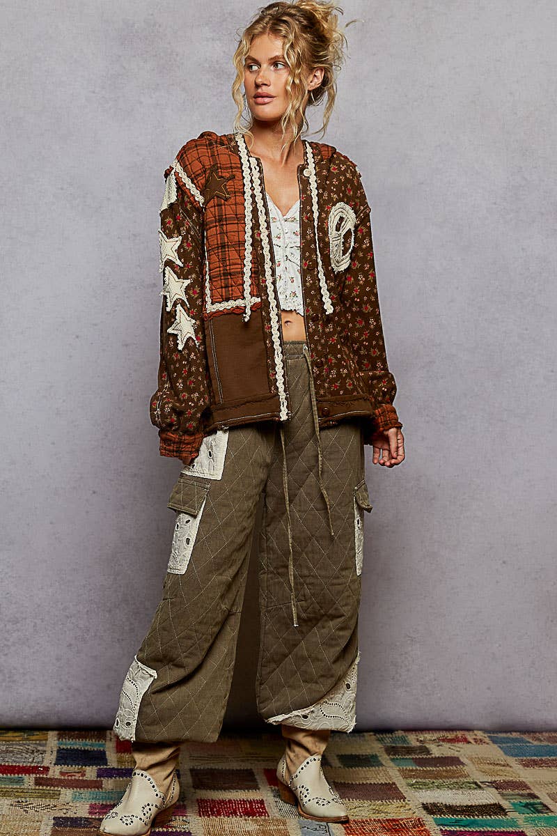 Long sleeve printed patch detail trim knit hooded jacket