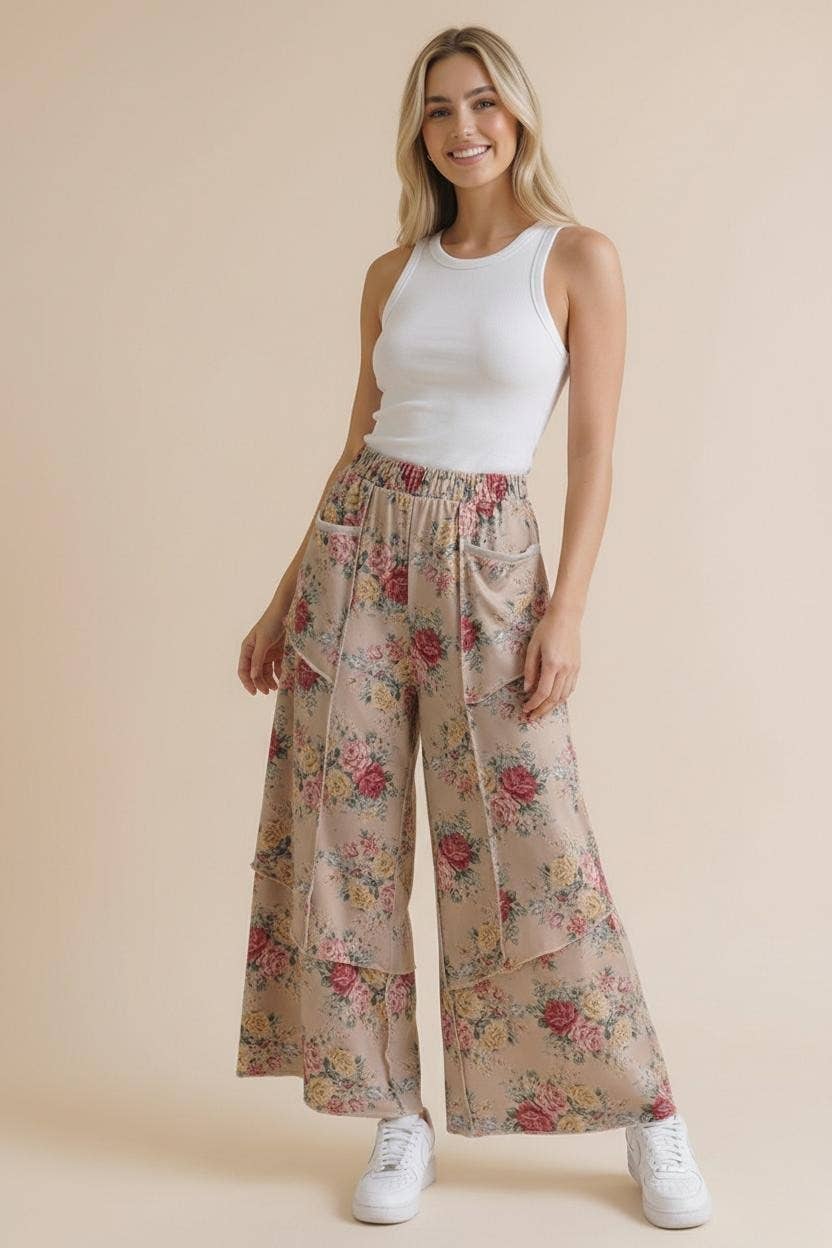 Elastic Waist Wide Leg Vintage Floral Pant: Oatmeal / M