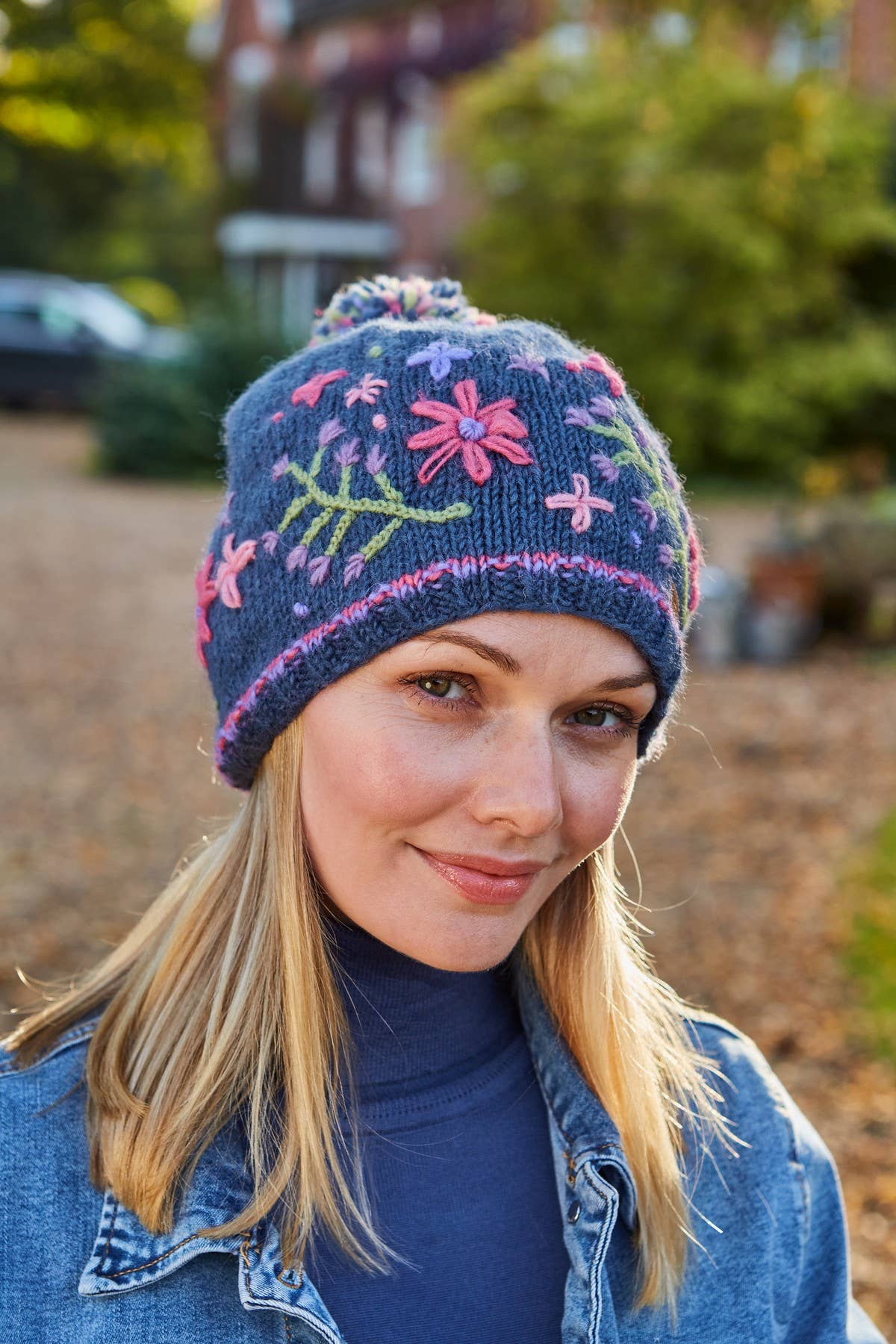 Hampton Court - Embroidered Flowers Knitted Wool Bobble Hat