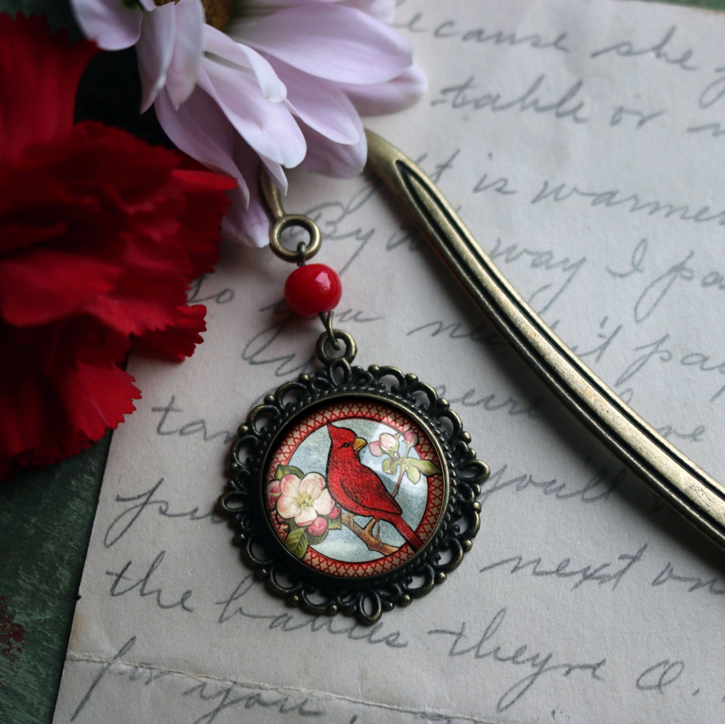 Cardinal Bird Vintage Inspired Bronze and Glass Bookmark