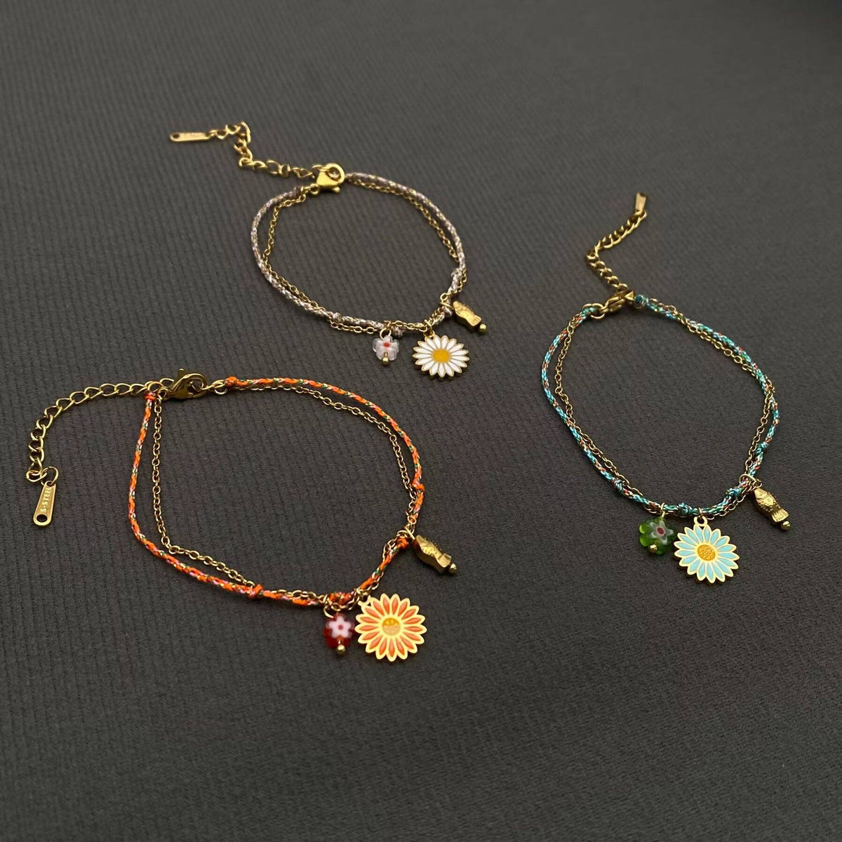 Daisy Charm 18K Golden S.Steel Woven Rope Bracelet - FGS: Orange