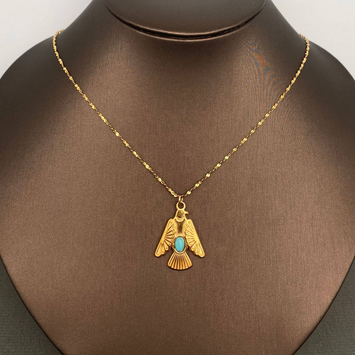 Turquoise inlaid 18K Gold Plated S.Steel Charm Necklace -FGS: Bird