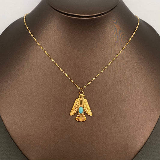 Turquoise inlaid 18K Gold Plated S.Steel Charm Necklace -FGS: Bird