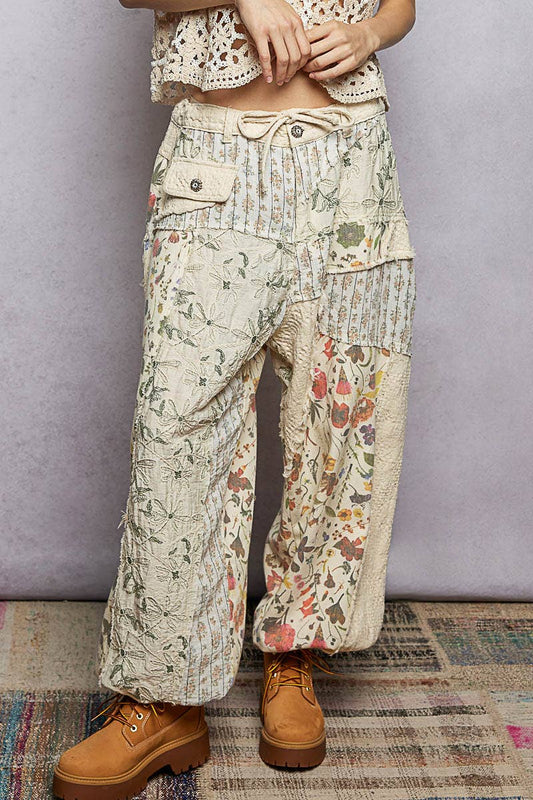 Jacquard Floral Twill Patch Waist Loop Jogger Pants