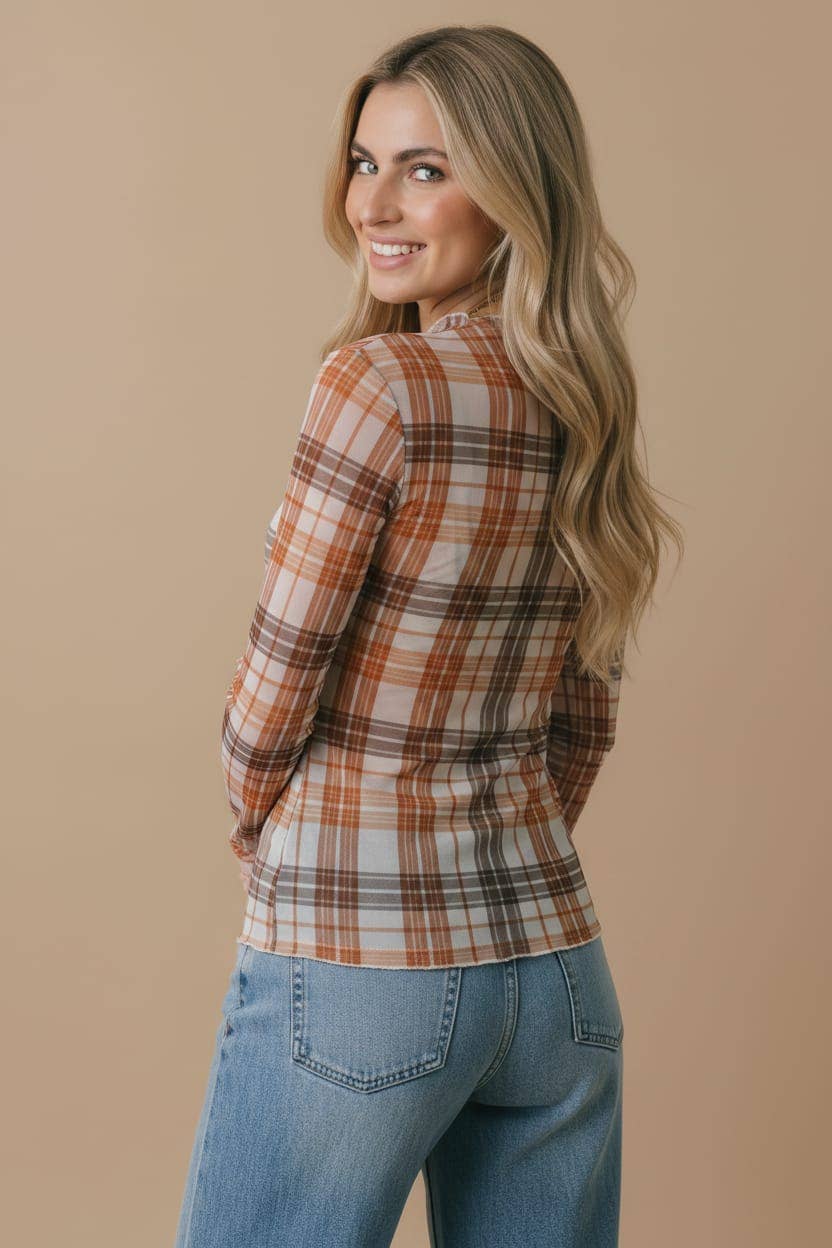 Plaid Mesh Semi-Sheer Top