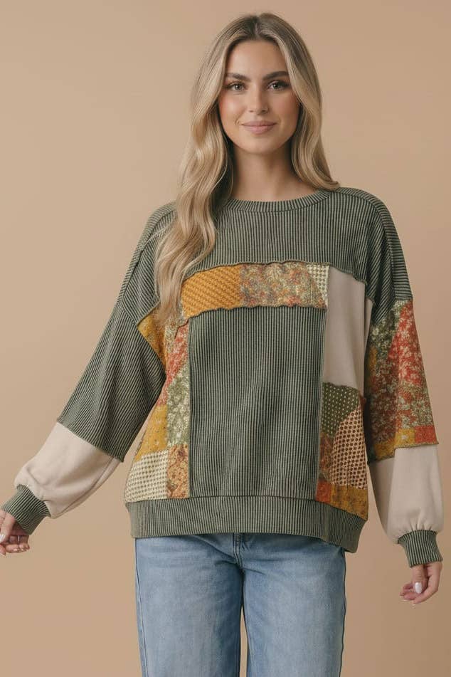 Bubble Sleeve Mixed Rib Thermal KnitTop