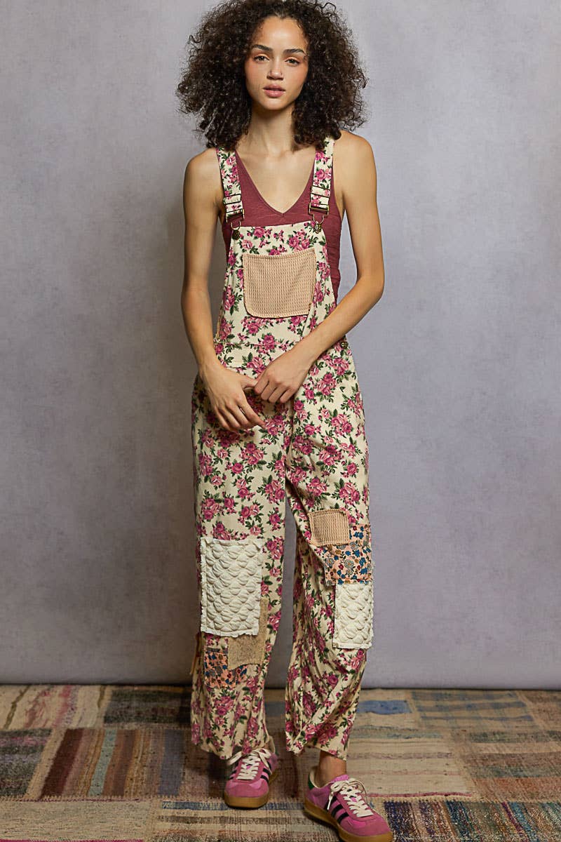 Printed corduroy varied patchwork overalls