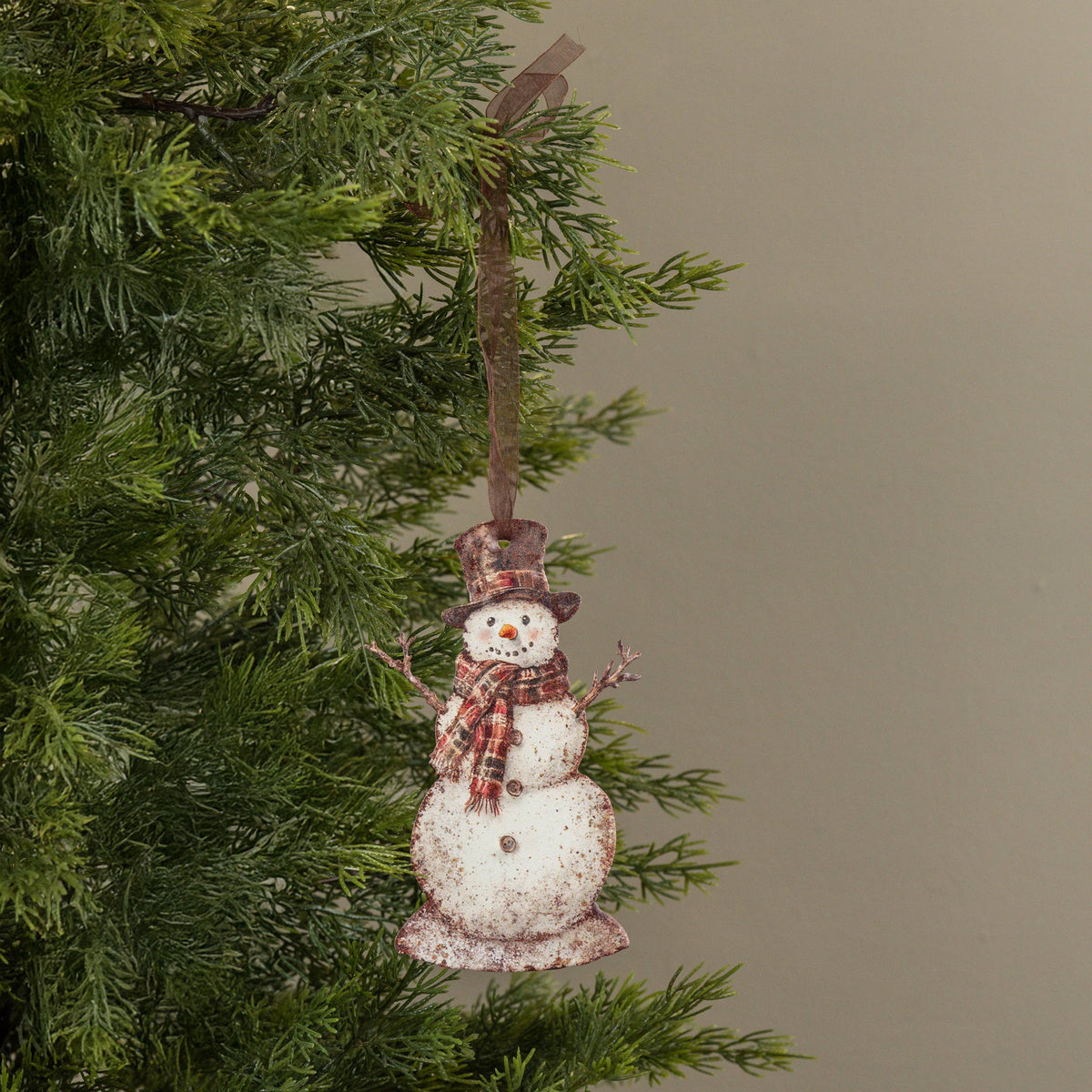 6" PLAID SNOWMAN METAL ORNAMENT