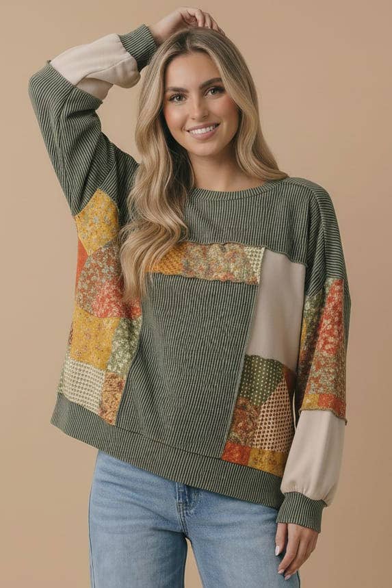 Bubble Sleeve Mixed Rib Thermal KnitTop